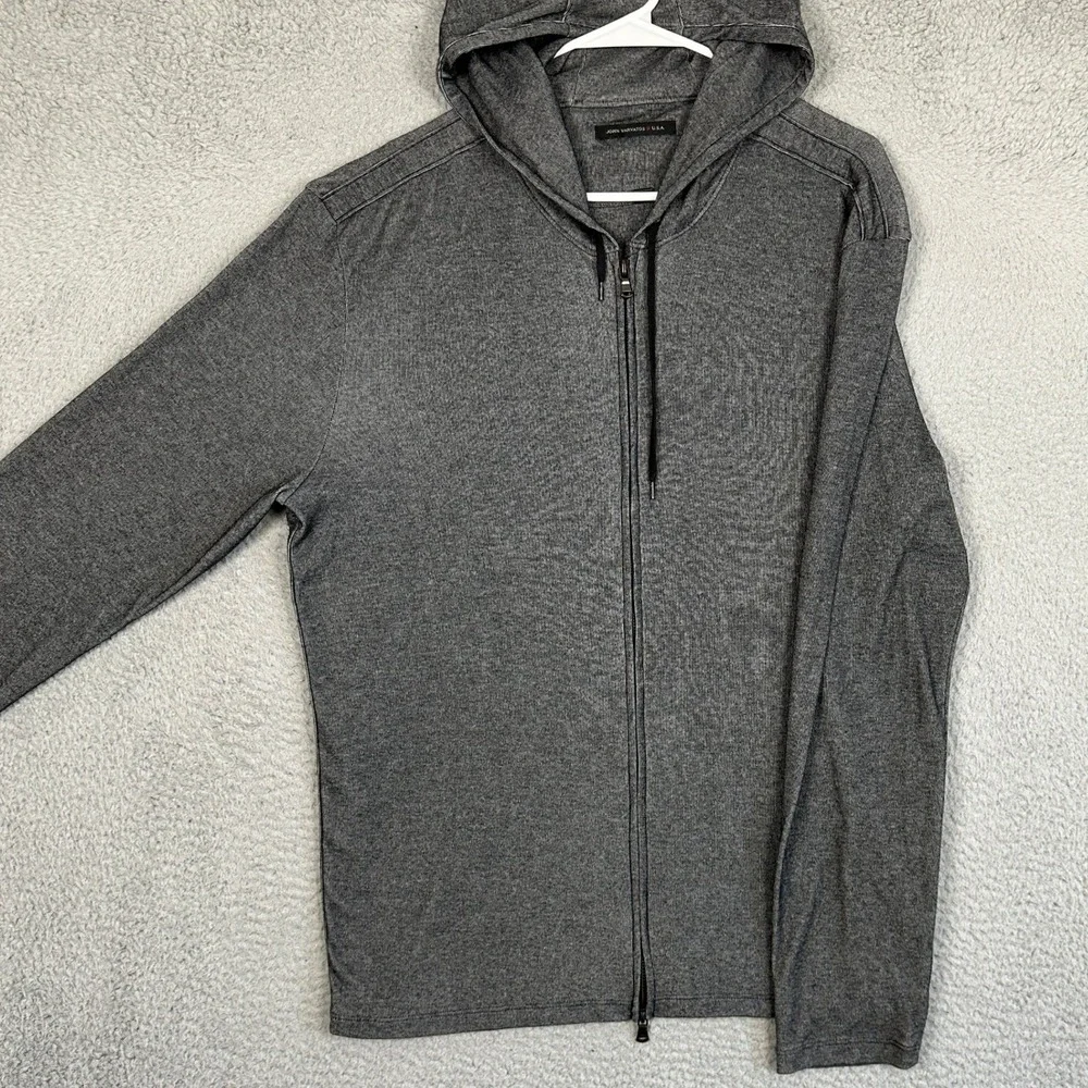 John Varvatos USA Pima Cotton Blend Jacket Mens XL Grey Hooded Zip Up Drawstring